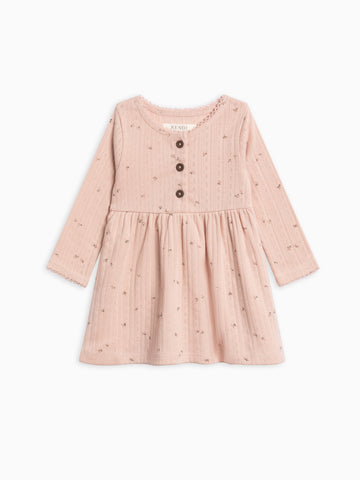 Bryn Brushed Back Pointelle Henley Dress Baby-Kids : Dresses : Long Sleeves Kendi Organic Cotton Baby and Kids Bryn Pointelle Henley Dress