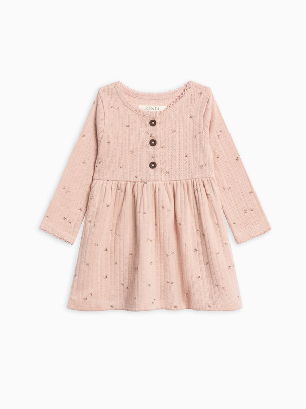 Bryn Brushed Back Pointelle Henley Dress Baby-Kids : Dresses : Long Sleeves Kendi Organic Cotton Baby and Kids Bryn Pointelle Henley Dress