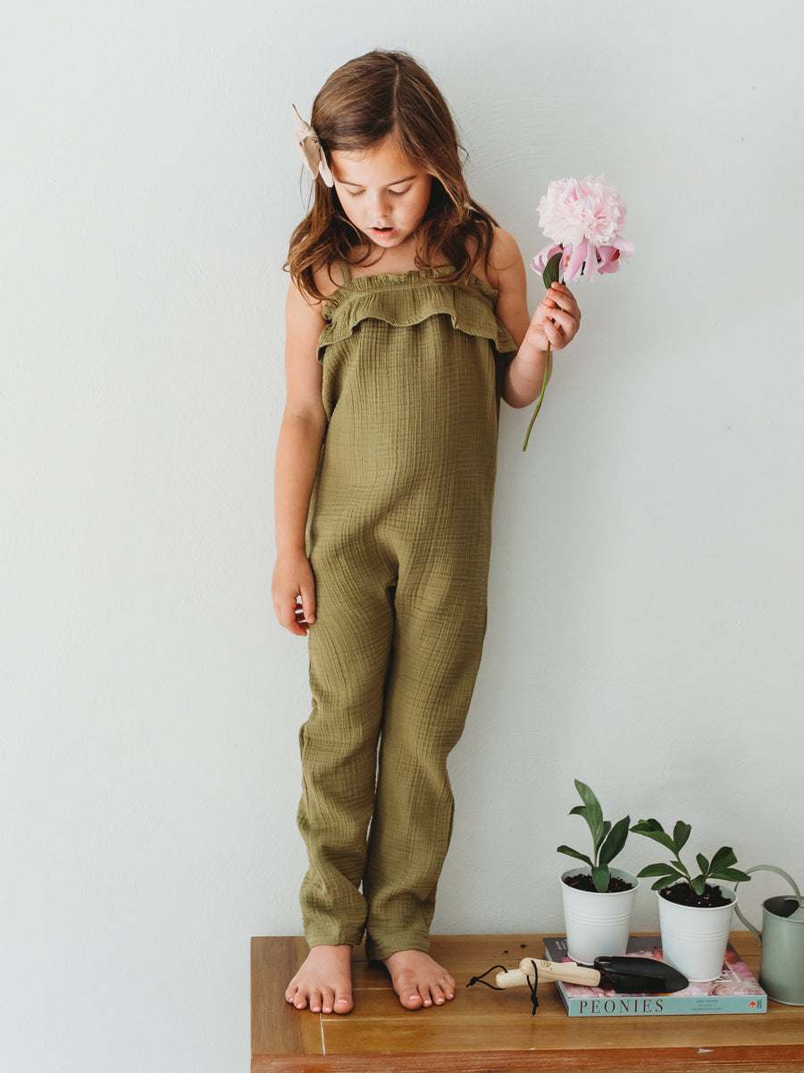 Fiona Muslin Ruffle Tank Jumpsuit Baby-Kids : Tops : Tank Colored Organics Organic Baby and Kids Fiona Muslin Ruffle Tank Jumpsuit