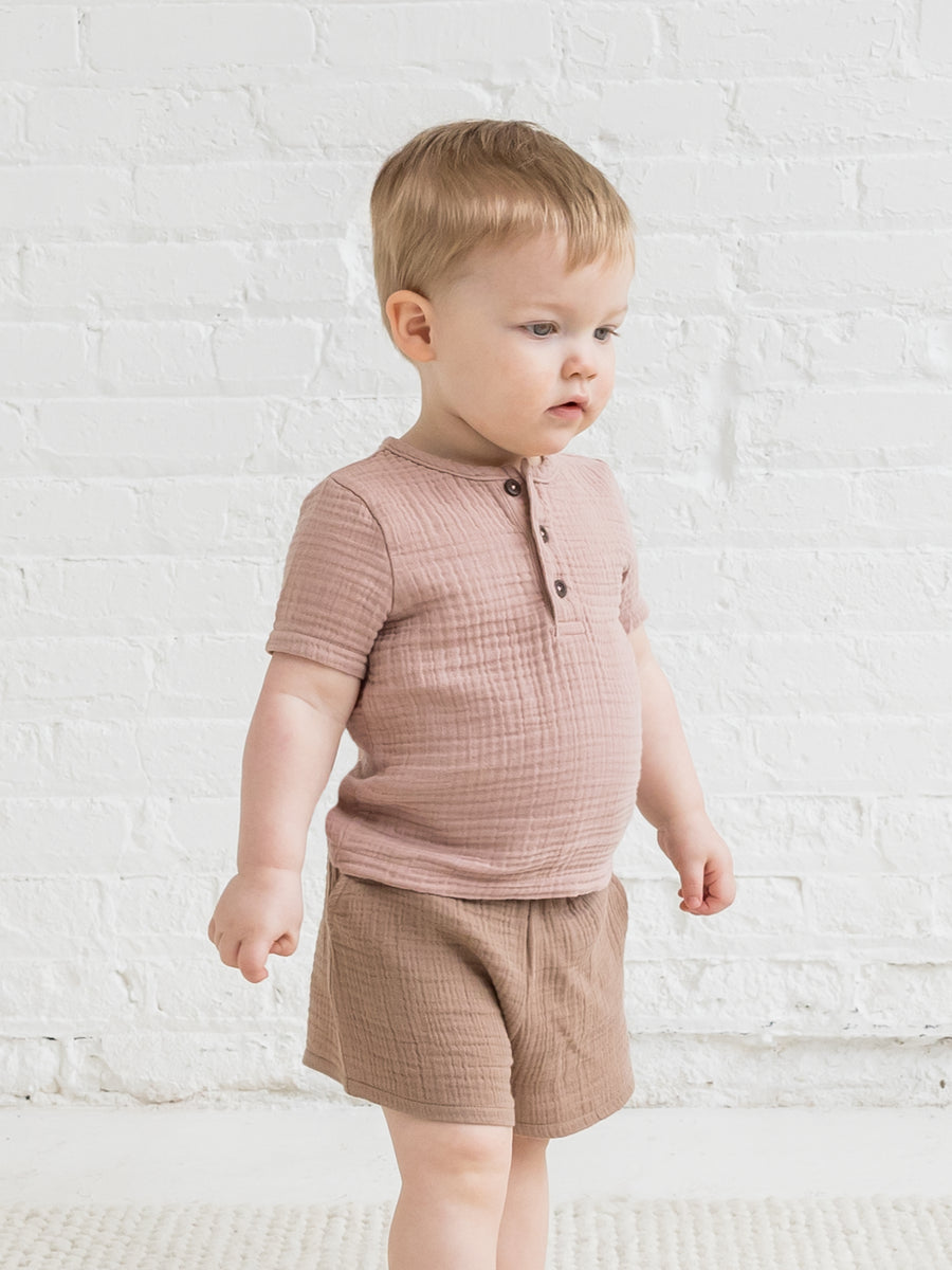 Dean Muslin Henley Sale :Baby-Kids :Tops :Shirts :Short Sleeves Kendi Organic Cotton Baby and Kids Dean Muslin Henley