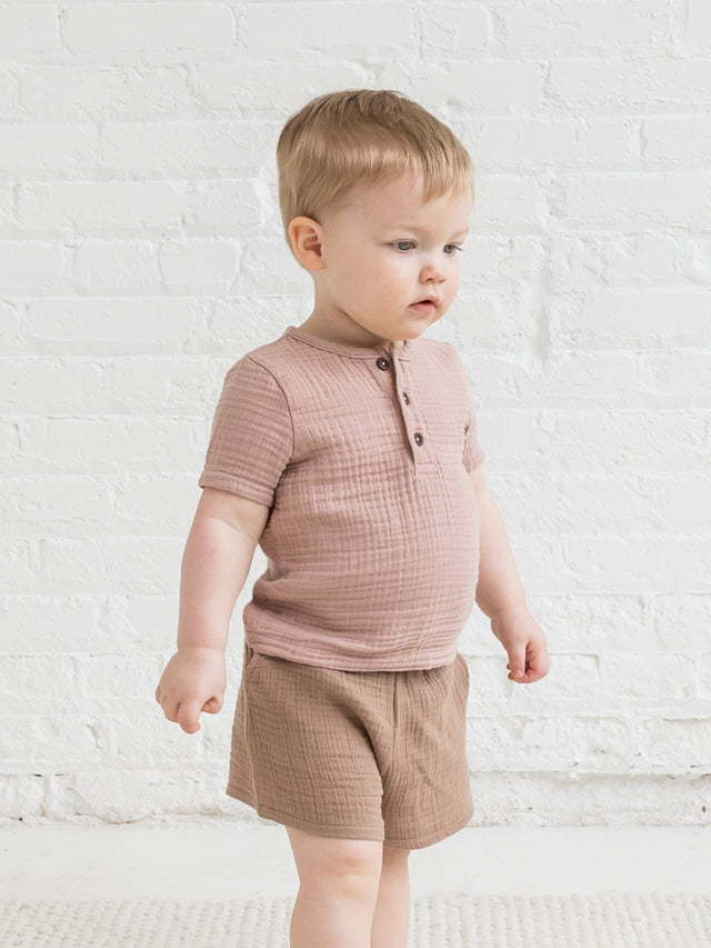 Dean Muslin Henley Baby-Kids : Tops : Short Sleeve Kendi Organic Cotton Baby and Kids Dean Muslin Henley