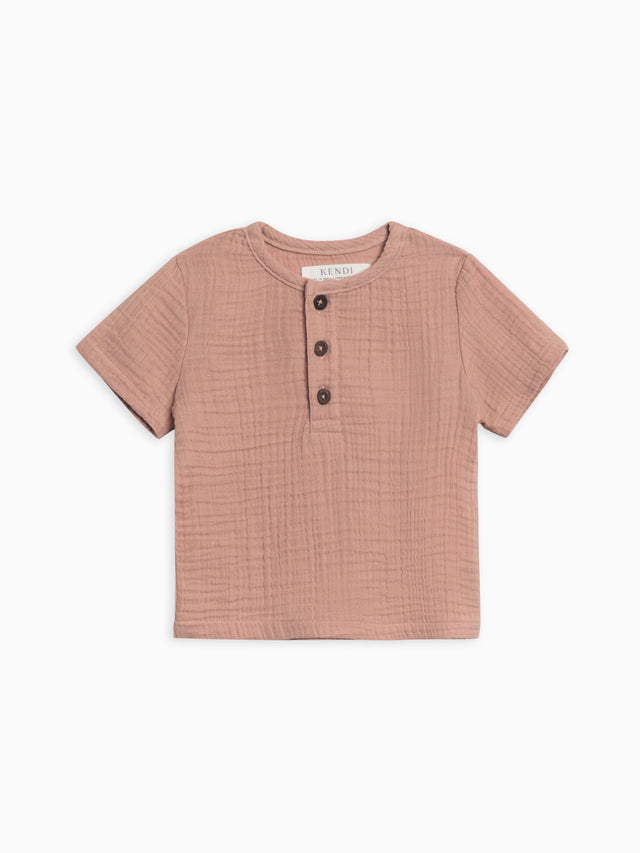 Dean Muslin Henley Baby-Kids : Tops : Short Sleeve Kendi Organic Cotton Baby and Kids Dean Muslin Henley