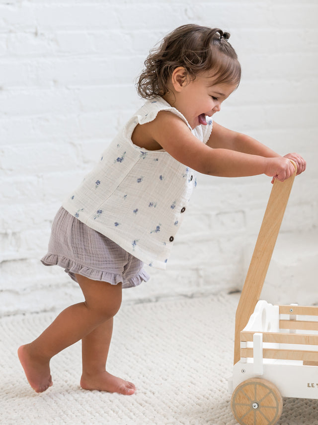 Tessa Muslin Button Front Ruffle Sleeve Top Baby-Kids :Tops :Shirts :Short Sleeves Kendi Organic Cotton Baby and Kids Tessa Muslin Button Front Ruffle Sleeve Top