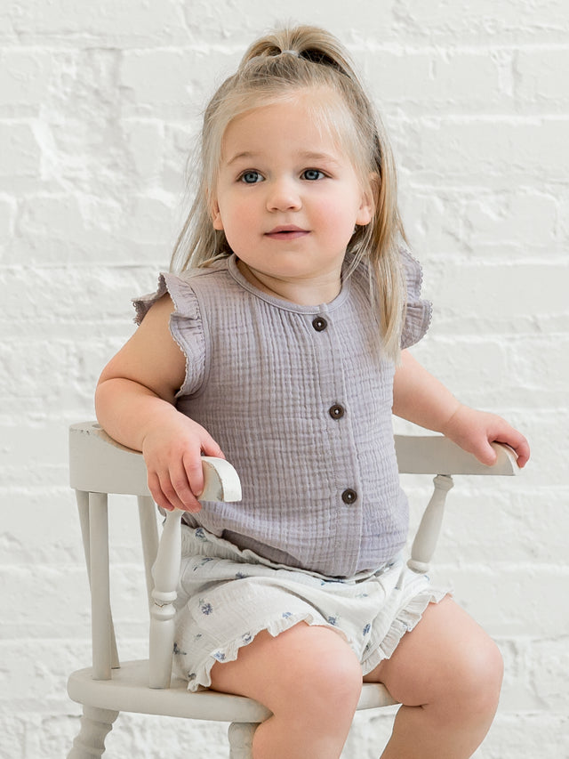 Tessa Muslin Button Front Ruffle Sleeve Top Baby-Kids :Tops :Shirts :Short Sleeves Kendi Organic Cotton Baby and Kids Tessa Muslin Button Front Ruffle Sleeve Top