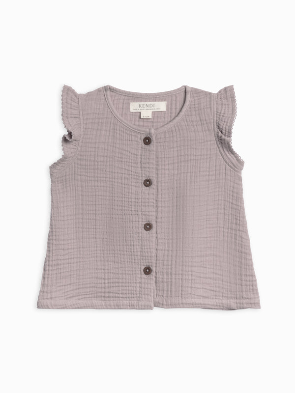 Tessa Muslin Button Front Ruffle Sleeve Top Baby-Kids : Tops : Shirts : Short Sleeves Kendi Organic Cotton Baby and Kids Tessa Muslin Button Front Ruffle Sleeve Top