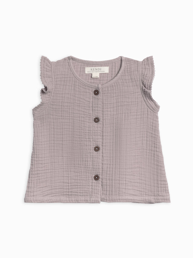 Tessa Muslin Button Front Ruffle Sleeve Top Baby-Kids :Tops :Shirts :Short Sleeves Kendi Organic Cotton Baby and Kids Tessa Muslin Button Front Ruffle Sleeve Top