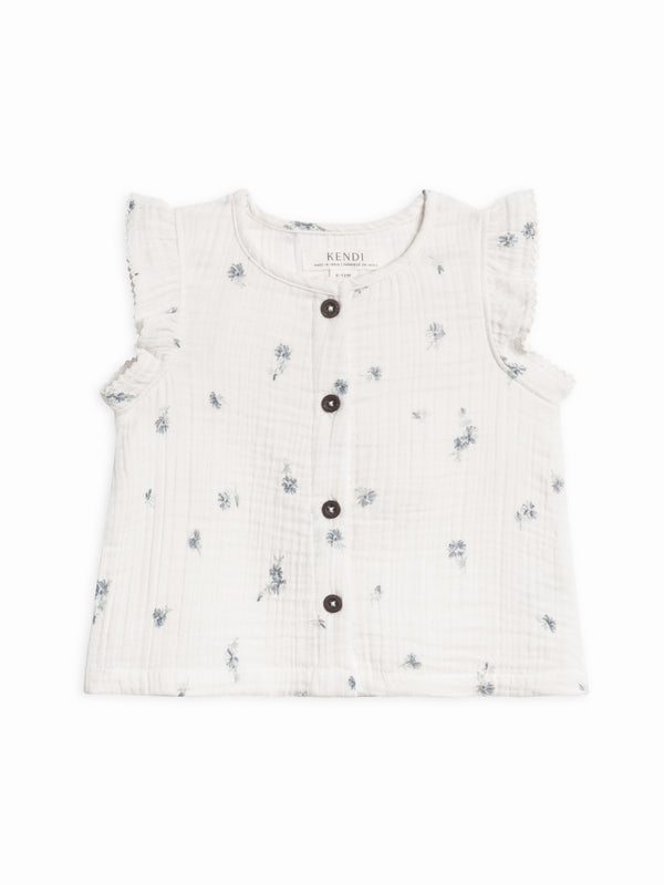 Tessa Muslin Button Front Ruffle Sleeve Top Baby-Kids : Tops : Shirts : Short Sleeves Kendi Organic Cotton Baby and Kids Tessa Muslin Button Front Ruffle Sleeve Top