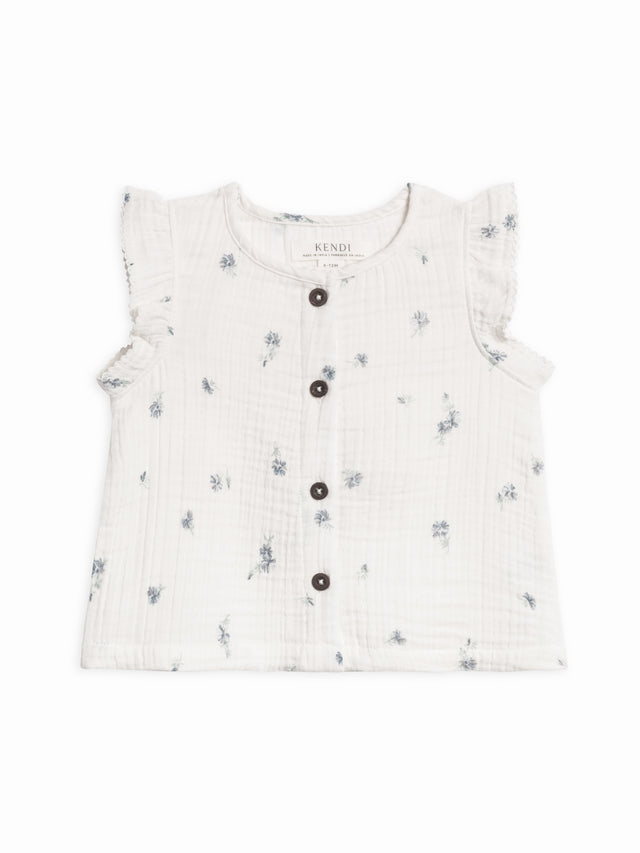 Tessa Muslin Button Front Ruffle Sleeve Top Baby-Kids :Tops :Shirts :Short Sleeves Kendi Organic Cotton Baby and Kids Tessa Muslin Button Front Ruffle Sleeve Top