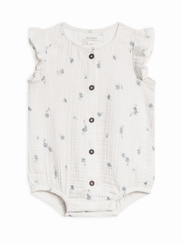 Coco Muslin Button Front Bubble Romper Baby :One Pieces :Rompers :Short Sleeves Kendi Organic Cotton Baby Coco Muslin Button Front Bubble Romper