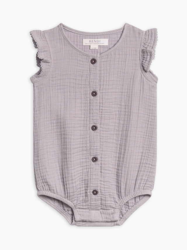 Coco Muslin Button Front Bubble Romper Baby :One Pieces :Rompers :Short Sleeves Kendi Organic Cotton Baby Coco Muslin Button Front Bubble Romper