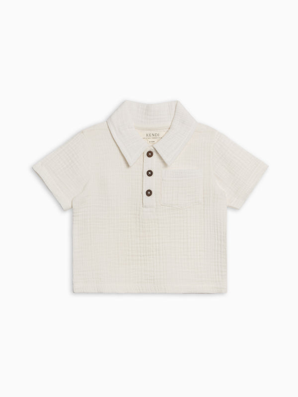 Ezra Muslin Short Sleeve Polo - Coconut