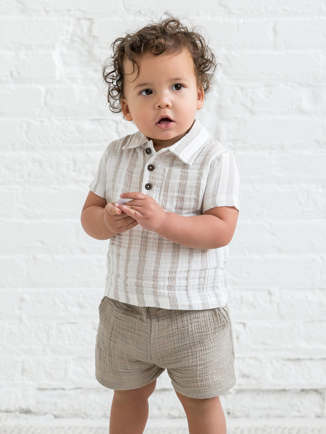 Ezra Muslin Short Sleeve Polo Baby-Kids : Tops : Shirts : Short Sleeves Kendi Organic Cotton Baby and Kids Ezra Muslin Short Sleeve Polo