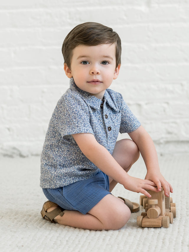 Ezra Muslin Short Sleeve Polo Baby-Kids : Tops : Shirts : Short Sleeves Kendi Organic Cotton Baby and Kids Ezra Muslin Short Sleeve Polo