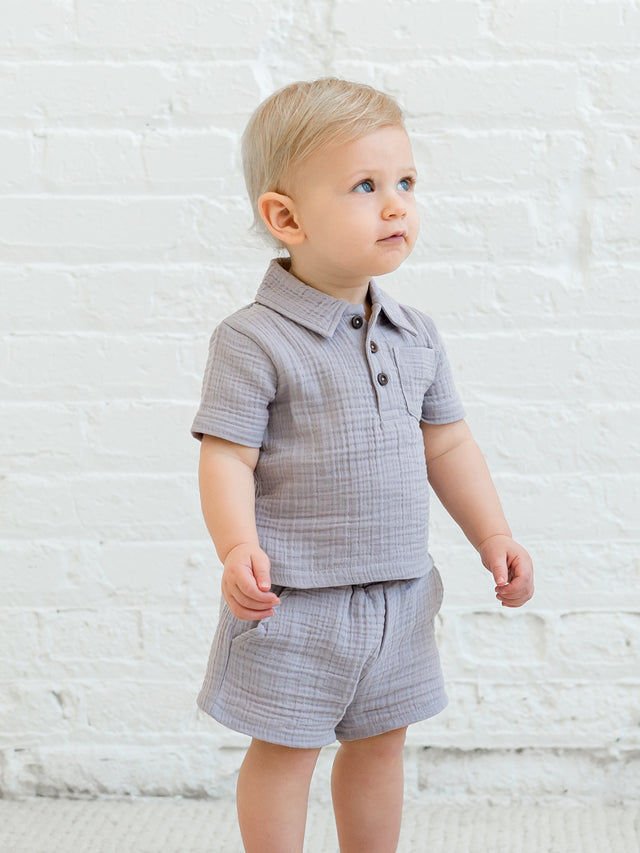 Ezra Muslin Short Sleeve Polo Baby-Kids : Tops : Shirts : Short Sleeves Kendi Organic Cotton Baby and Kids Ezra Muslin Short Sleeve Polo