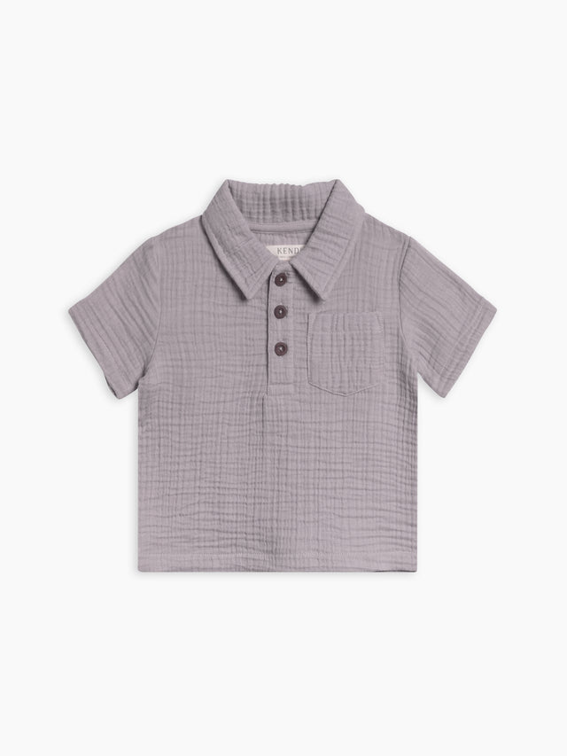 Ezra Muslin Short Sleeve Polo Baby-Kids : Tops : Shirts : Short Sleeves Kendi Organic Cotton Baby and Kids Ezra Muslin Short Sleeve Polo