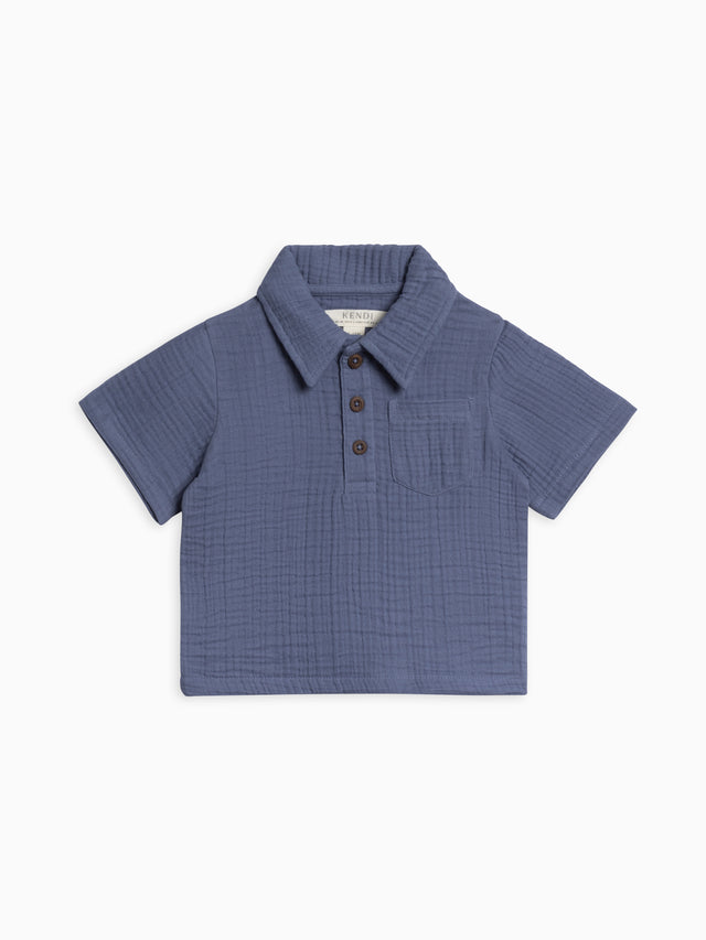 Ezra Muslin Short Sleeve Polo Baby-Kids :Tops :Shirts :Short Sleeves Kendi Organic Cotton Baby and Kids Ezra Muslin Short Sleeve Polo