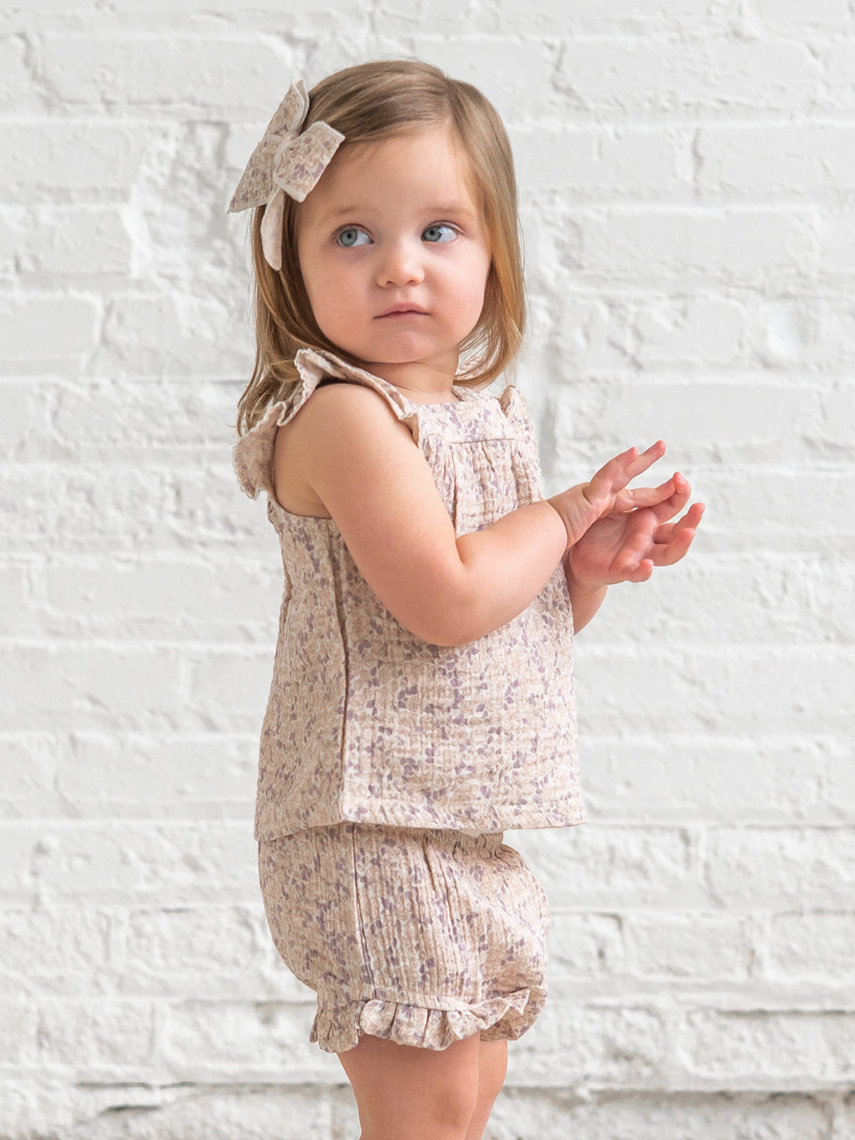 Colette Muslin Tank and Bloomer Set - Vionna Floral / Shell + Fog Sale : Baby : One Pieces : Rompers : Short Sleeves Kendi Colette Muslin Tank and Bloomer Set | Colored Organics®