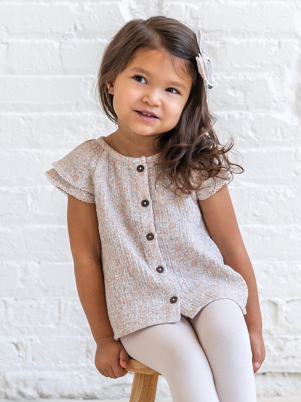 Nelly Muslin Ruffle Sleeve Top - Belmont Floral / Shell + Powder Sale : Baby-Kids : Tops : Shirts : Short Sleeves KENDI by Colored Organics Nelly Muslin Ruffle Sleeve Top | Colored Organics®