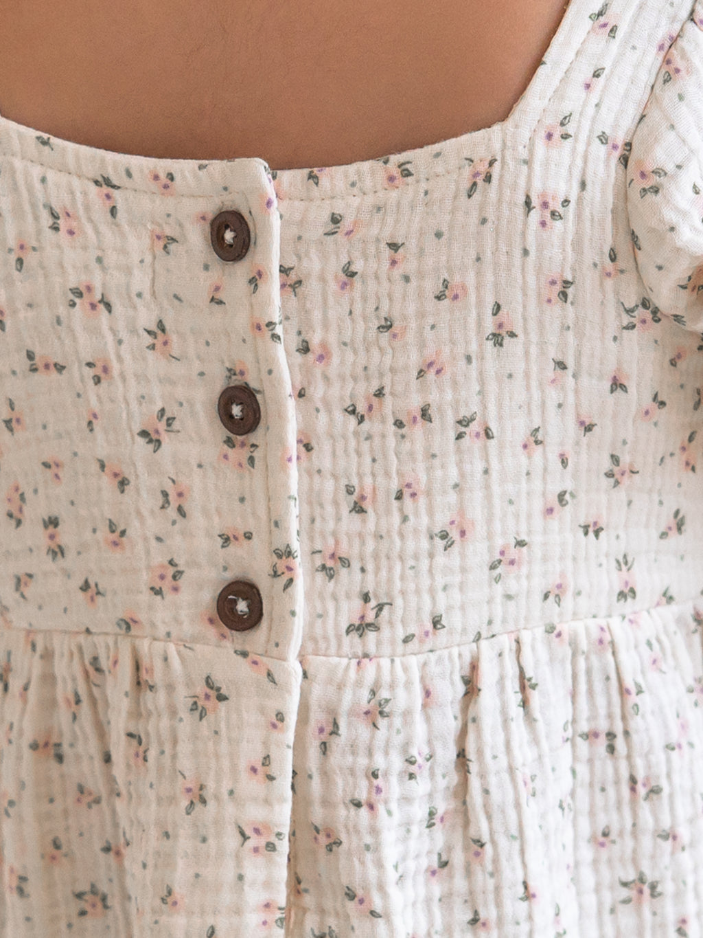 Celine Muslin Square Neck Dress - Camellia Floral / Shell + Fern Baby-Kids : Dresses : Short Sleeves Kendi Celine Muslin Square Neck Dress | Colored Organics®