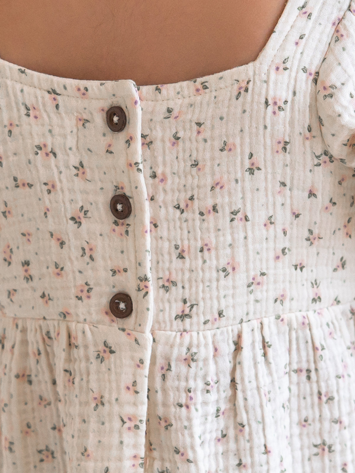 Celine Muslin Square Neck Dress - Camellia Floral / Shell + Fern Baby-Kids : Dresses : Short Sleeves Kendi Celine Muslin Square Neck Dress | Colored Organics®