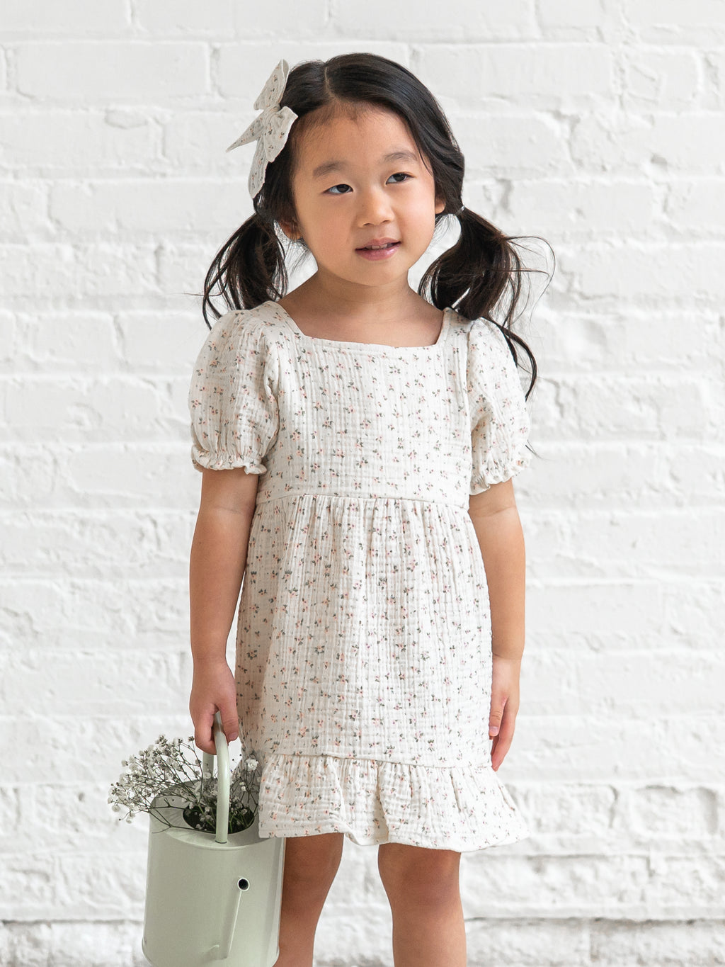 Celine Muslin Square Neck Dress - Camellia Floral / Shell + Fern Baby-Kids : Dresses : Short Sleeves Kendi Celine Muslin Square Neck Dress | Colored Organics®