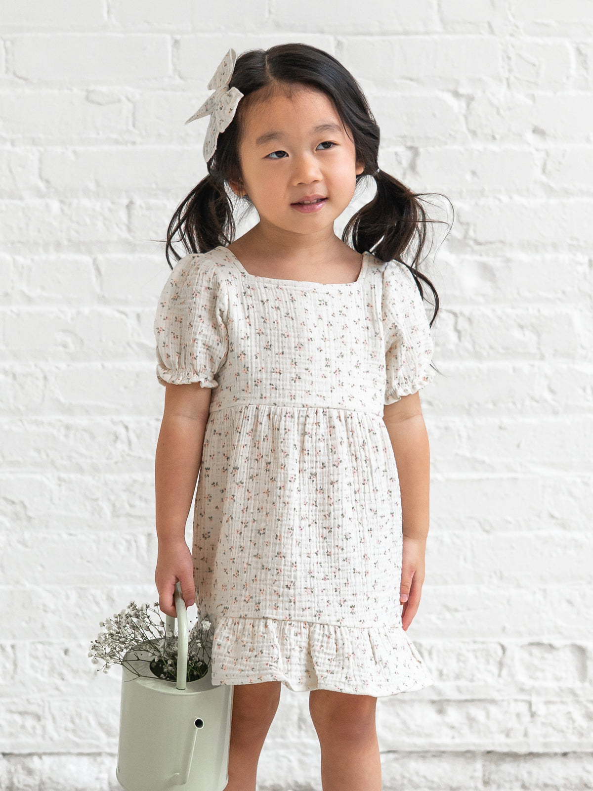 Celine Muslin Square Neck Dress - Camellia Floral / Shell + Fern Baby-Kids : Dresses : Short Sleeves Kendi Celine Muslin Square Neck Dress | Colored Organics®