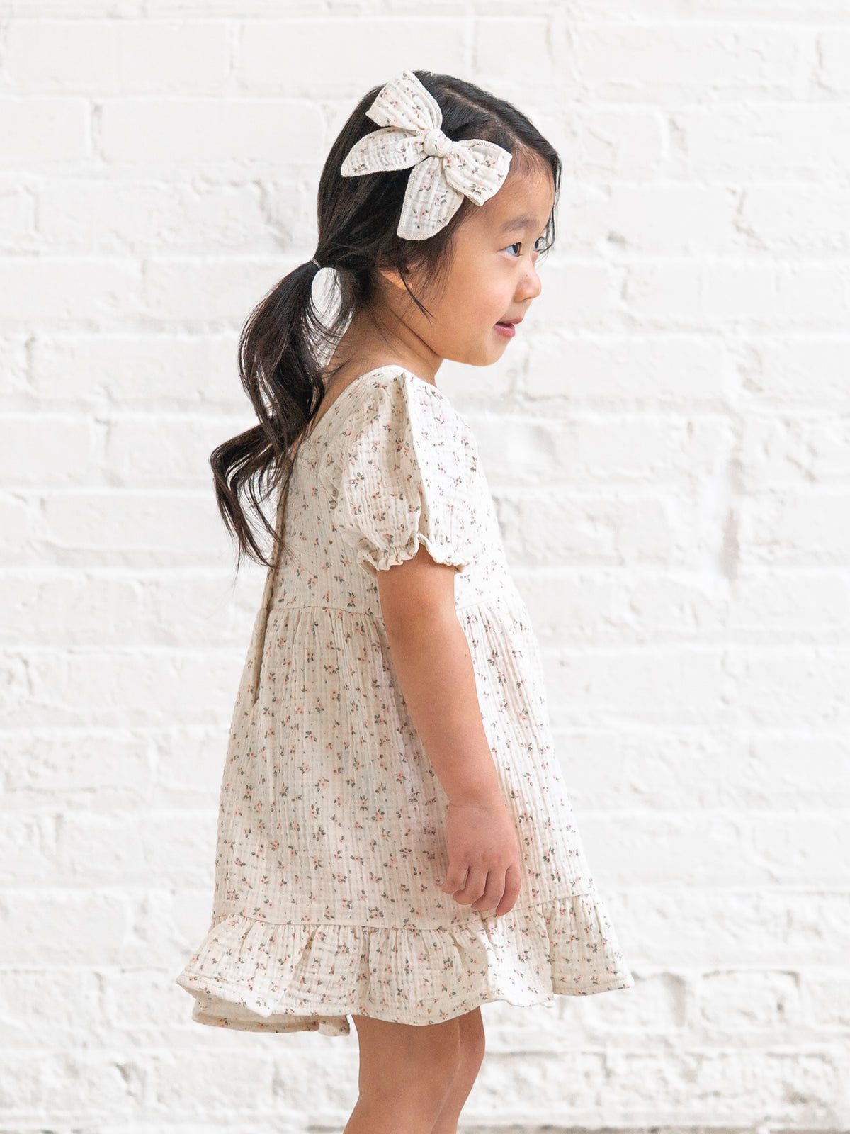 Celine Muslin Square Neck Dress - Camellia Floral / Shell + Fern Baby-Kids : Dresses : Short Sleeves Kendi Celine Muslin Square Neck Dress | Colored Organics®