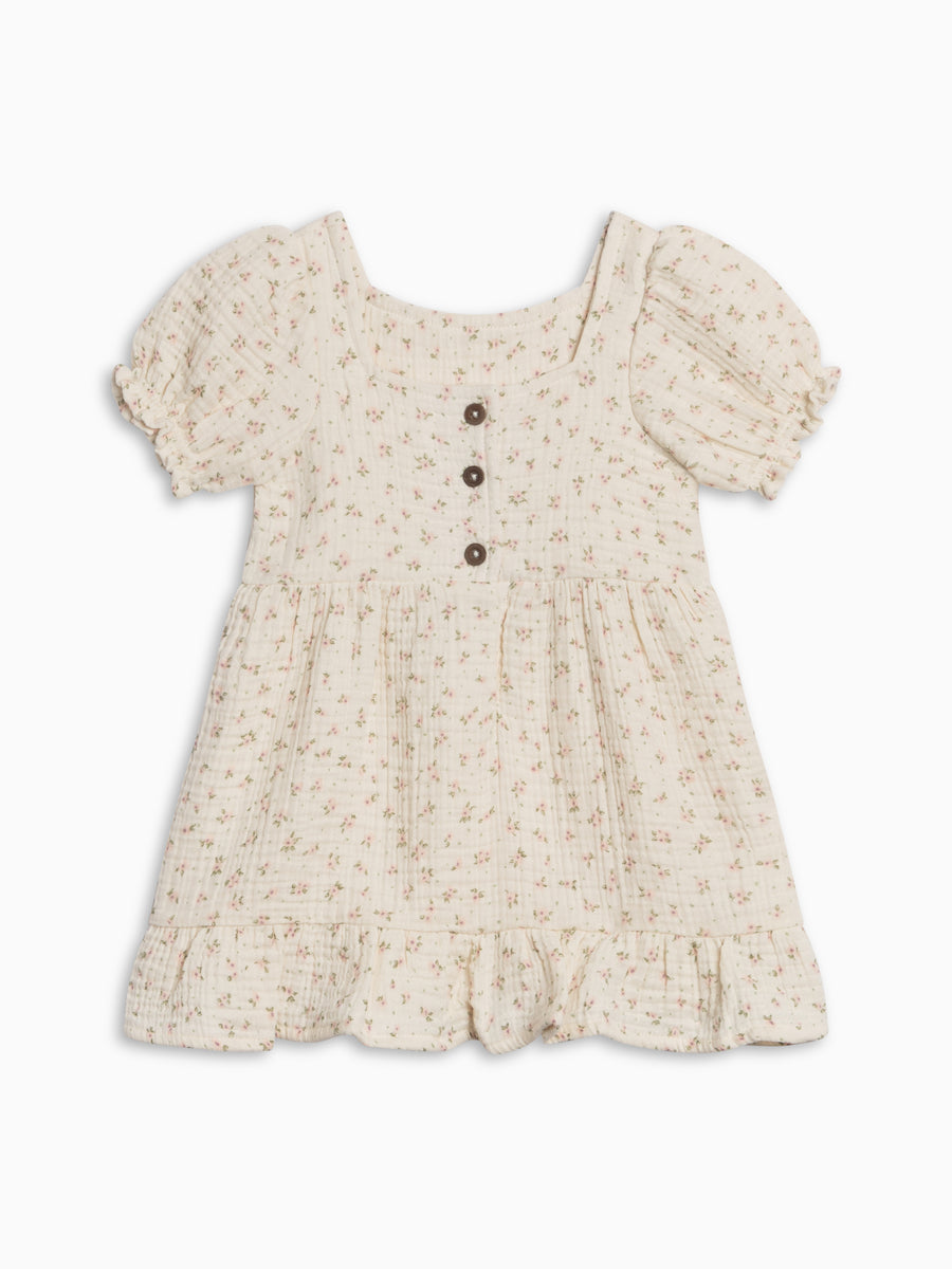 Celine Muslin Square Neck Dress - Camellia Floral / Shell + Fern Baby-Kids : Dresses : Short Sleeves Kendi Celine Muslin Square Neck Dress | Colored Organics®