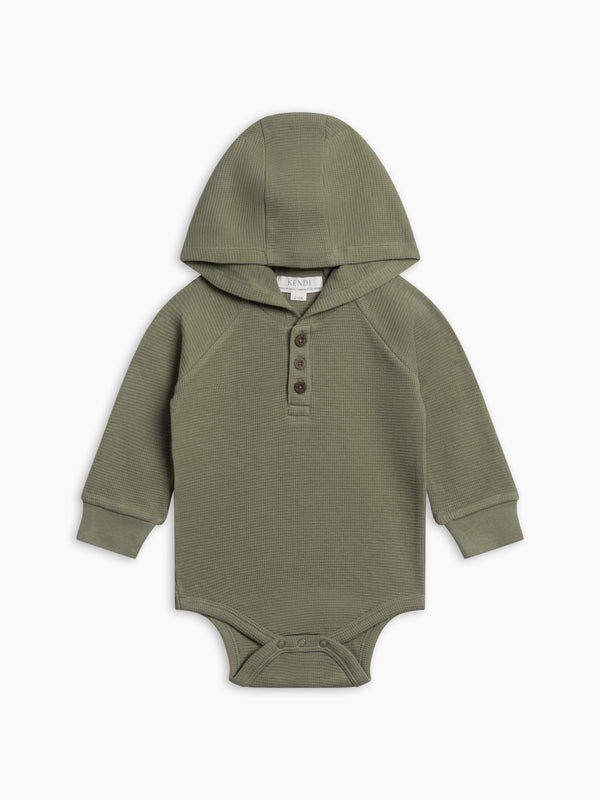 PRE ORDER Cole Waffle Knit Hoodie Bodysuit - Fern Baby : One Pieces : Bodysuits : Long Sleeves KENDI by Colored Organics Baby Cole Waffle Knit Hoodie Bodysuit | Colored Organics®