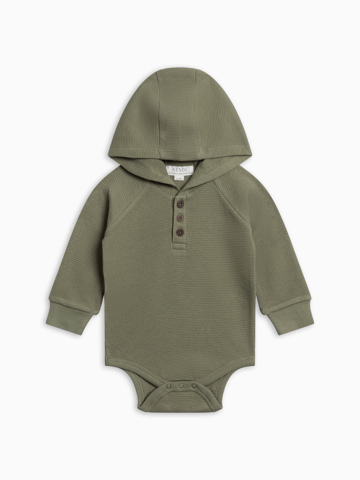 Cole Waffle Knit Hoodie Bodysuit - Fern Baby : One Pieces : Bodysuits : Long Sleeves KENDI by Colored Organics Baby Cole Waffle Knit Hoodie Bodysuit | Colored Organics®