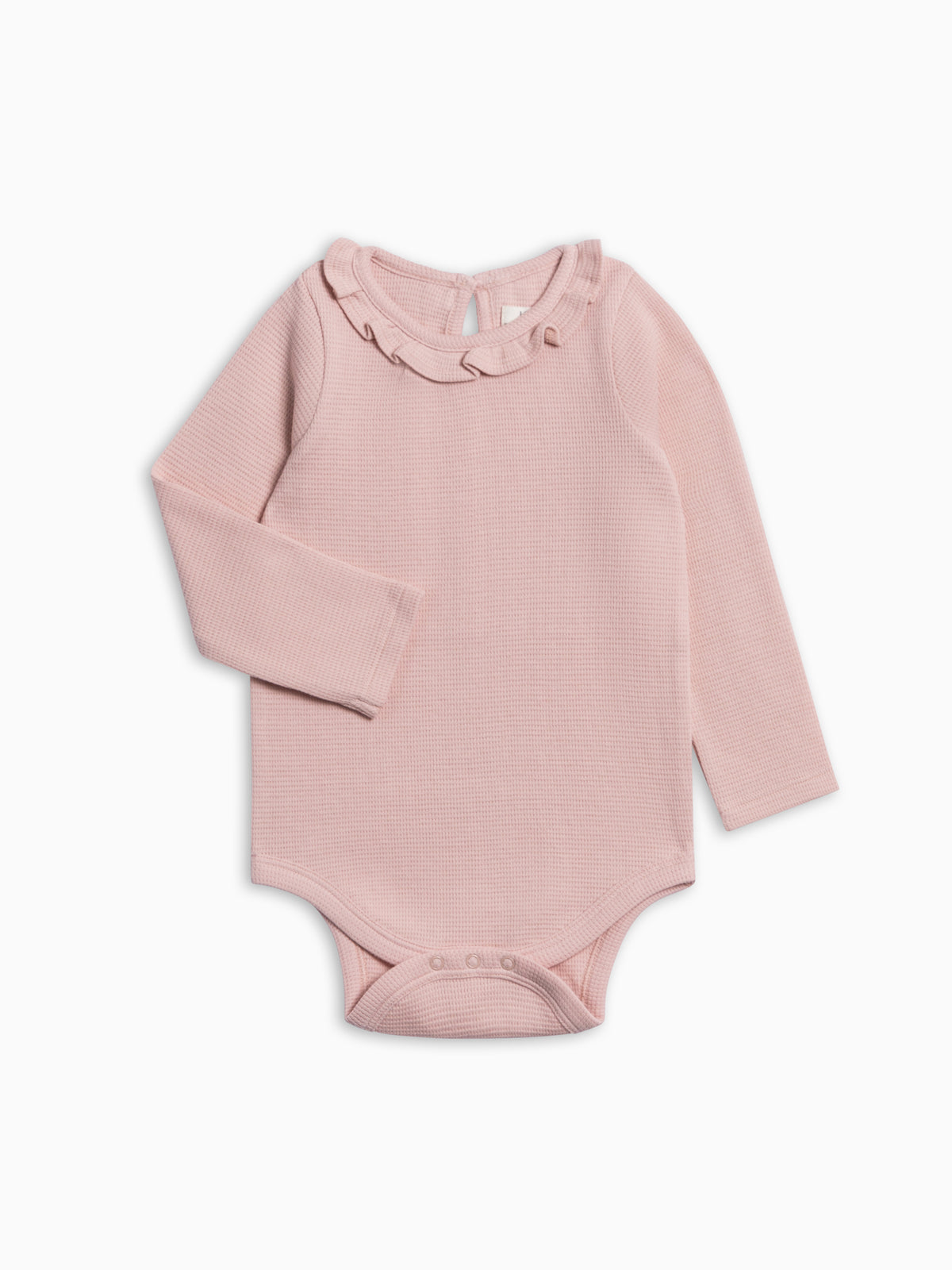 Mae Waffle Knit Ruffle Bodysuit - Petal Pink Baby : One Pieces : Bodysuits : Long Sleeves KENDI by Colored Organics Mae Waffle Knit Ruffle Bodysuit | Colored Organics®