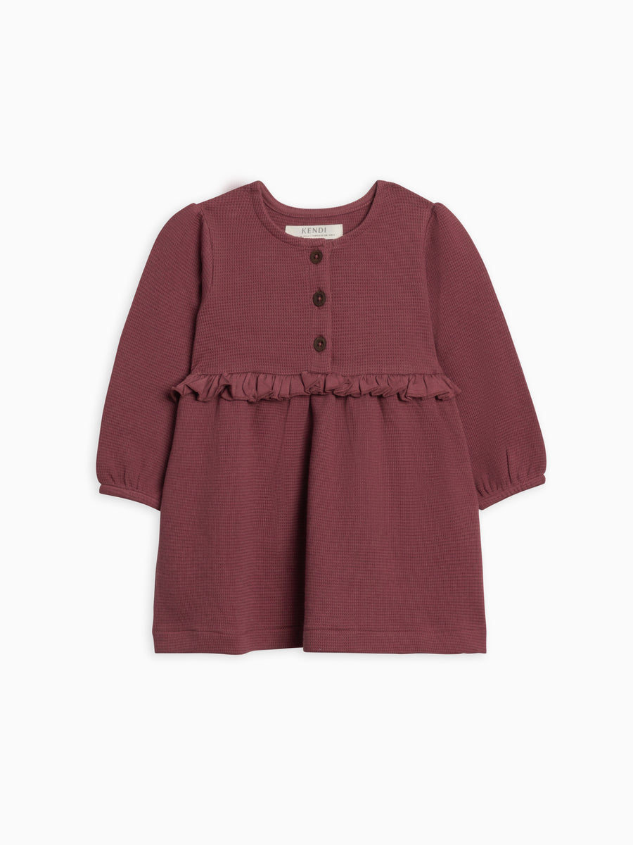 Nina Waffle Knit Ruffle Waist Dress Sale : Baby-Kids : Dresses : Long Sleeves Kendi Organic Cotton Baby and Kids Nina Waffle Knit Dress