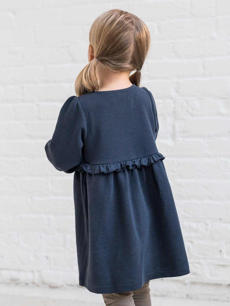 Nina Waffle Knit Ruffle Waist Dress Baby-Kids : Tops : Dresses : Long Sleeves Kendi Organic Cotton Baby and Kids Nina Waffle Knit Dress