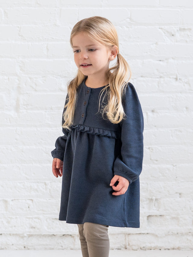 Nina Waffle Knit Ruffle Waist Dress Baby-Kids : Tops : Dresses : Long Sleeves Kendi Organic Cotton Baby and Kids Nina Waffle Knit Dress