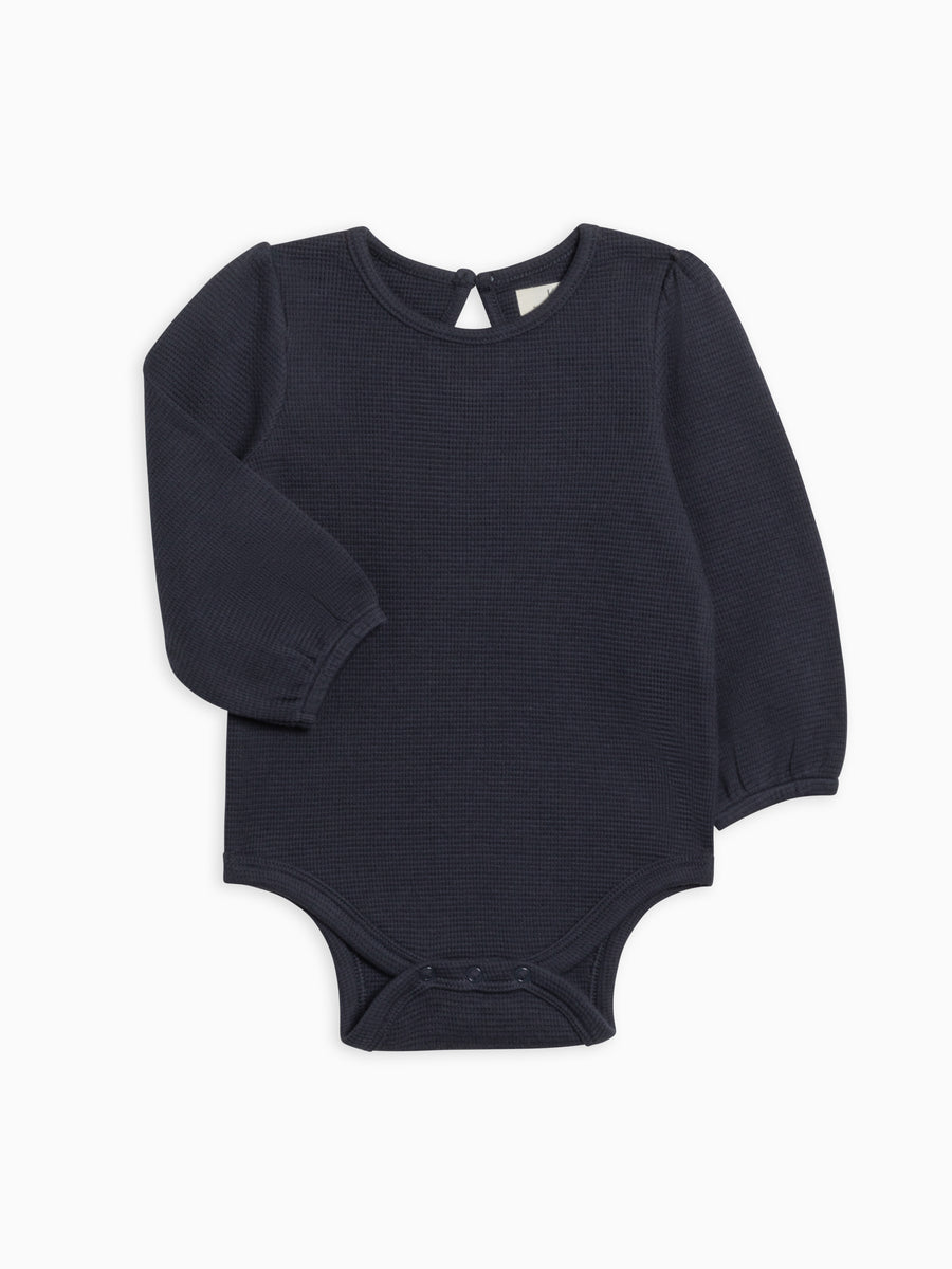 Jill Waffle Knit Long Sleeve Bodysuit Sale : Baby : One Pieces : Bodysuits : Long Sleeves Kendi Organic Cotton Baby Waffle Knit Ruffle Long Sleeve Bodysuit