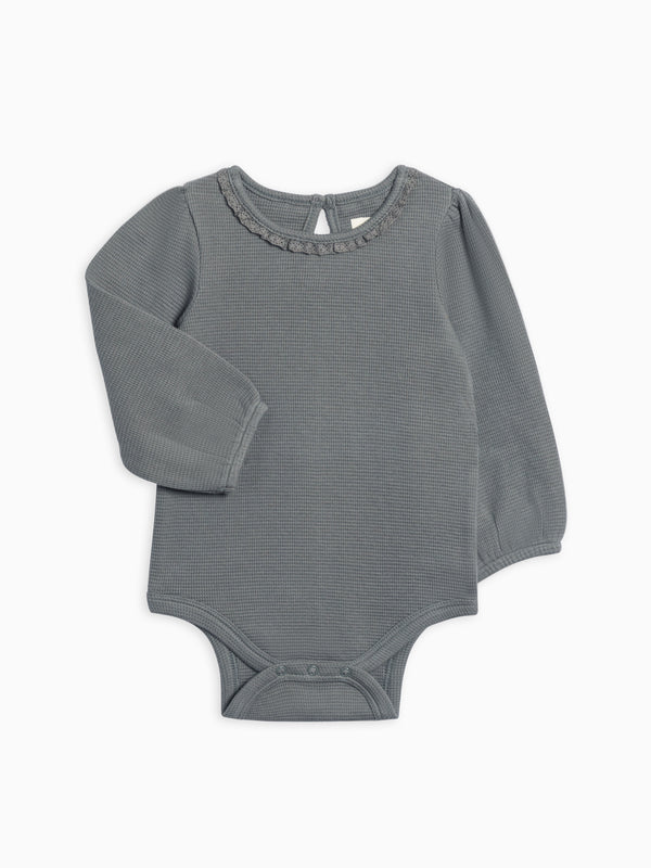 Langley Waffle Knit Lace Neckline Bodysuit Baby : One Pieces : Bodysuits : Long Sleeves Kendi Organic Cotton Baby Langley Waffle Knit Lace Neckline Bodysuit