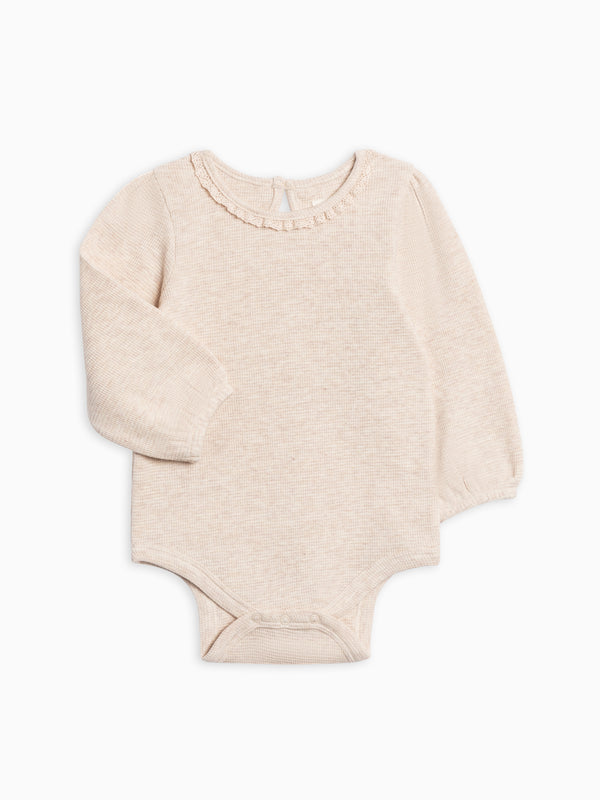 Langley Waffle Knit Lace Neckline Bodysuit Baby : One Pieces : Bodysuits : Long Sleeves Kendi Organic Cotton Baby Langley Waffle Knit Lace Neckline Bodysuit