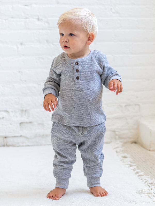 Jones Waffle Knit Henley Raglan Shirt - Ashen Baby-Kids : Tops : Tees : Long Sleeves KENDI by Colored Organics Jones Waffle Knit Henley Raglan Shirt | Colored Organics®