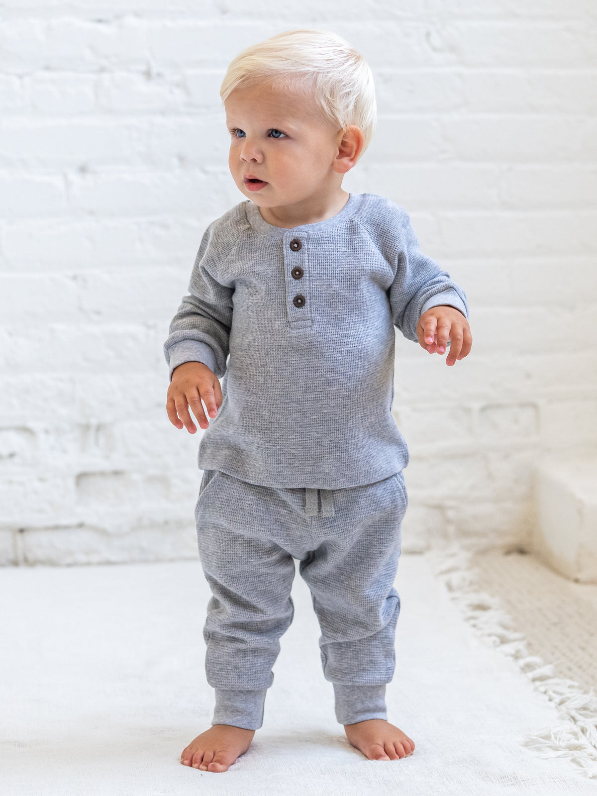 Jones Waffle Knit Henley Raglan Shirt - Ashen Baby-Kids : Tops : Tees : Long Sleeves KENDI by Colored Organics Jones Waffle Knit Henley Raglan Shirt | Colored Organics®