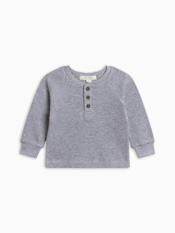 Jones Waffle Knit Henley Raglan Shirt - Ashen Baby-Kids : Tops : Tees : Long Sleeves KENDI by Colored Organics Jones Waffle Knit Henley Raglan Shirt | Colored Organics®