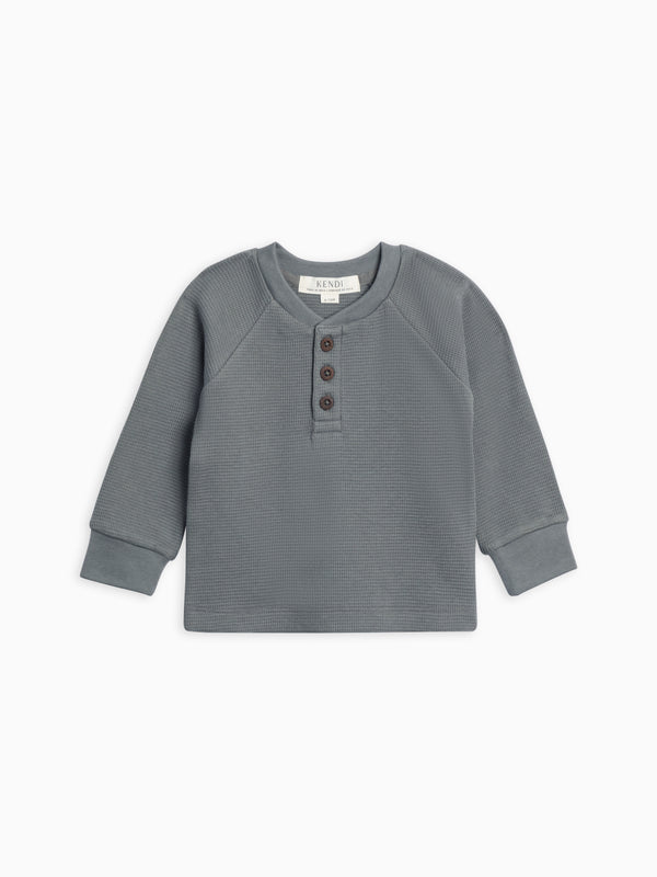 Jones Waffle Knit Henley Raglan Shirt Baby-Kids : Tops : Tees : Long Sleeves Kendi Organic Cotton Baby and Kids Jones Waffle Knit Henley Raglan Shirt