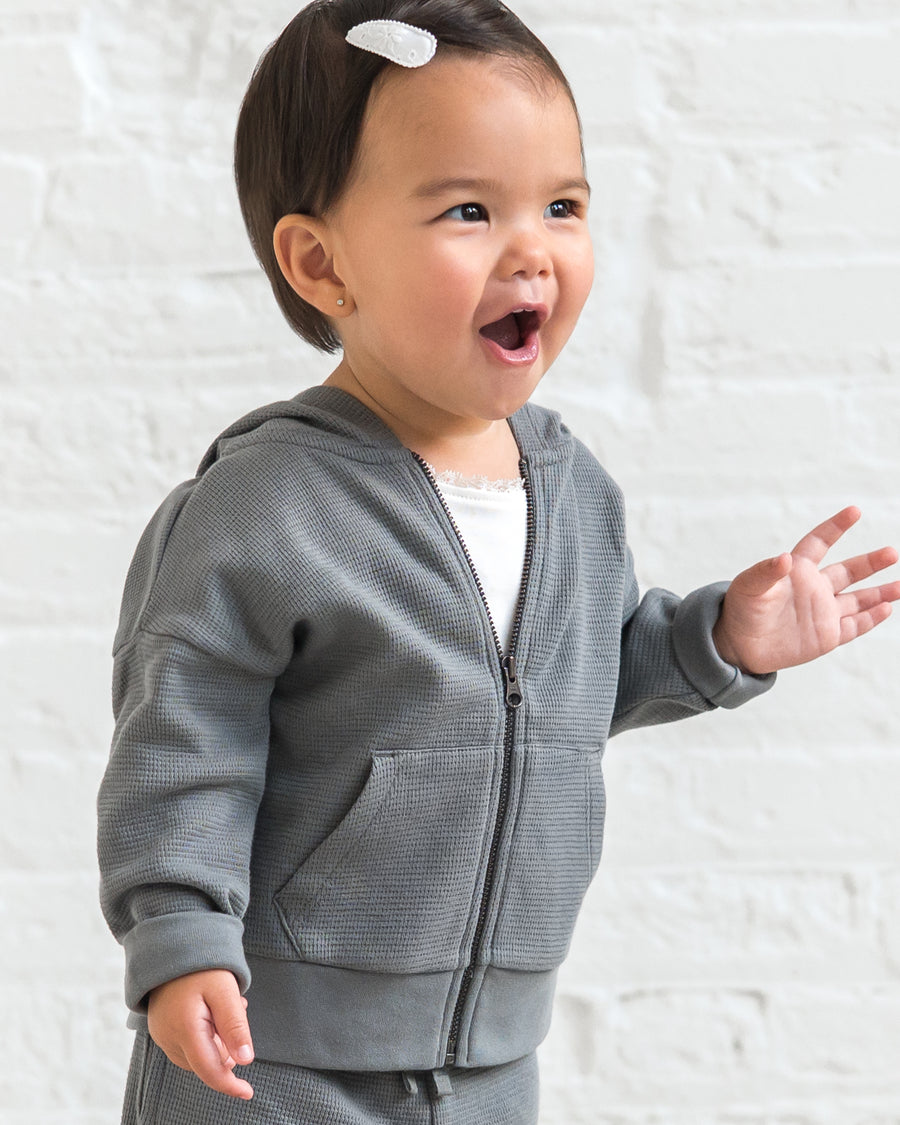 Meyer Waffle Knit Zipper Hoodie Baby-Kids : Tops : Tees : Long Sleeves Kendi Organic Cotton Baby and Kids Meyer Waffle Knit Zipper Hoodie