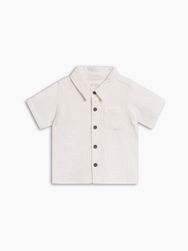 Landon Seersucker Collared Button Down Shirt - Coconut Baby-Kids : Tops : Shirts : Short Sleeves Kendi Organic Cotton Baby and Kids Landon Seersucker Collared Button Down Shirt