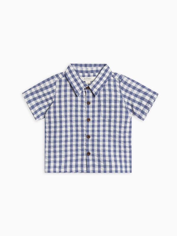 Landon Seersucker Collared Button Down Shirt Baby-Kids : Tops : Shirts : Short Sleeves Kendi Organic Cotton Baby and Kids Landon Seersucker Collared Button Down Shirt