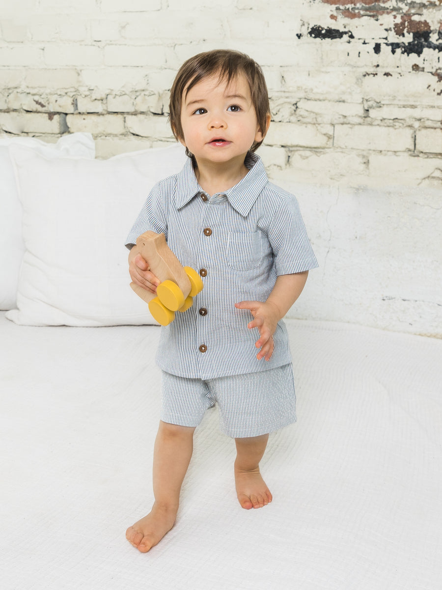 Landon Seersucker Collared Button Down Shirt Baby-Kids : Tops : Short Sleeve Colored Organics Organic Baby and Kids Landon Seersucker Button Down Shirt