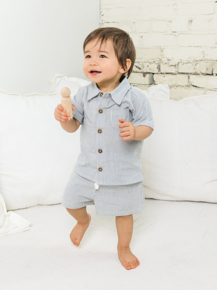 Landon Seersucker Collared Button Down Shirt Baby-Kids : Tops : Short Sleeve Colored Organics Organic Baby and Kids Landon Seersucker Button Down Shirt