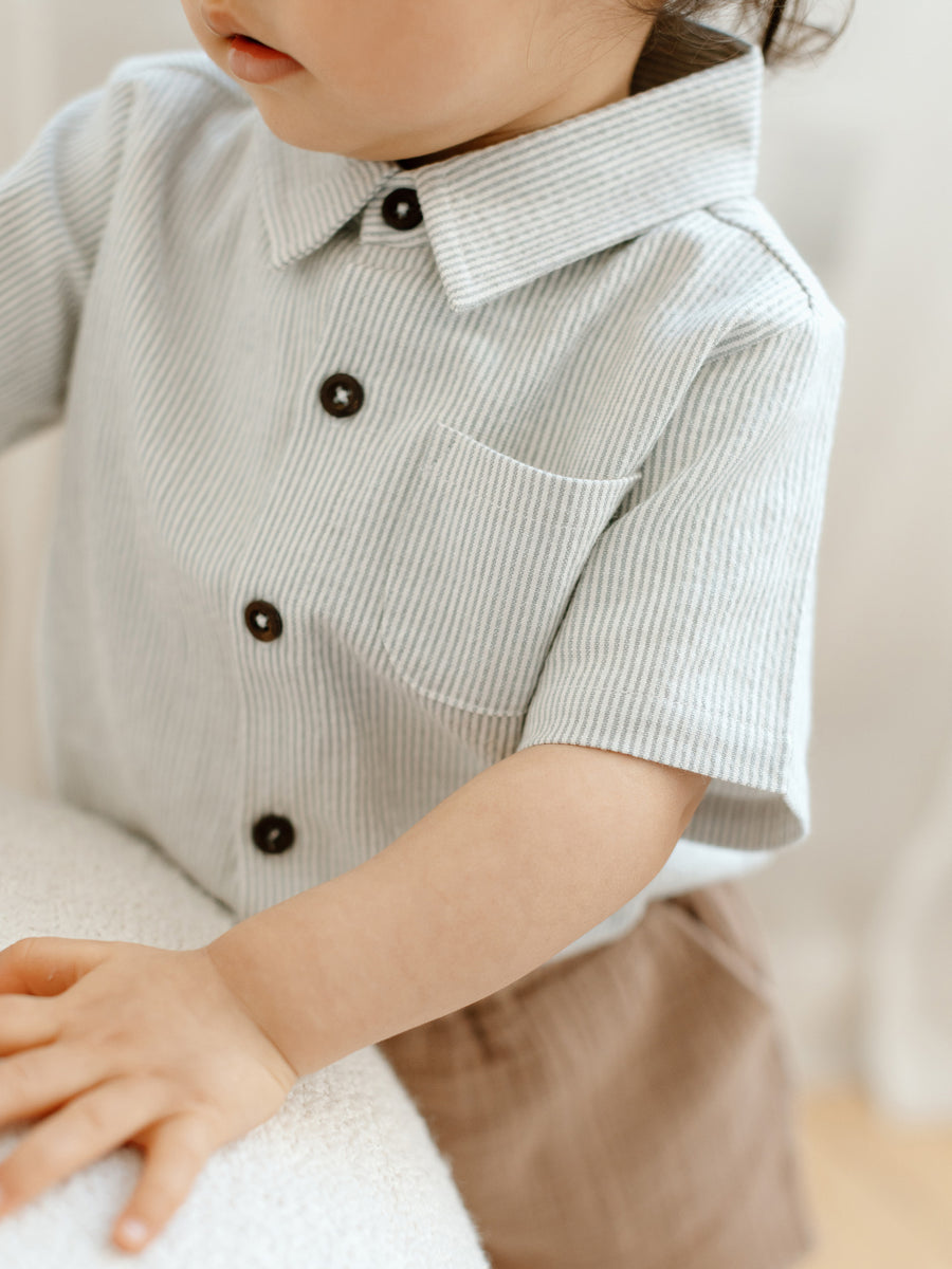 Landon Seersucker Collared Button Down Shirt Baby-Kids : Tops : Shirts : Short Sleeves Kendi Organic Cotton Baby and Kids Landon Seersucker Collared Button Down Shirt