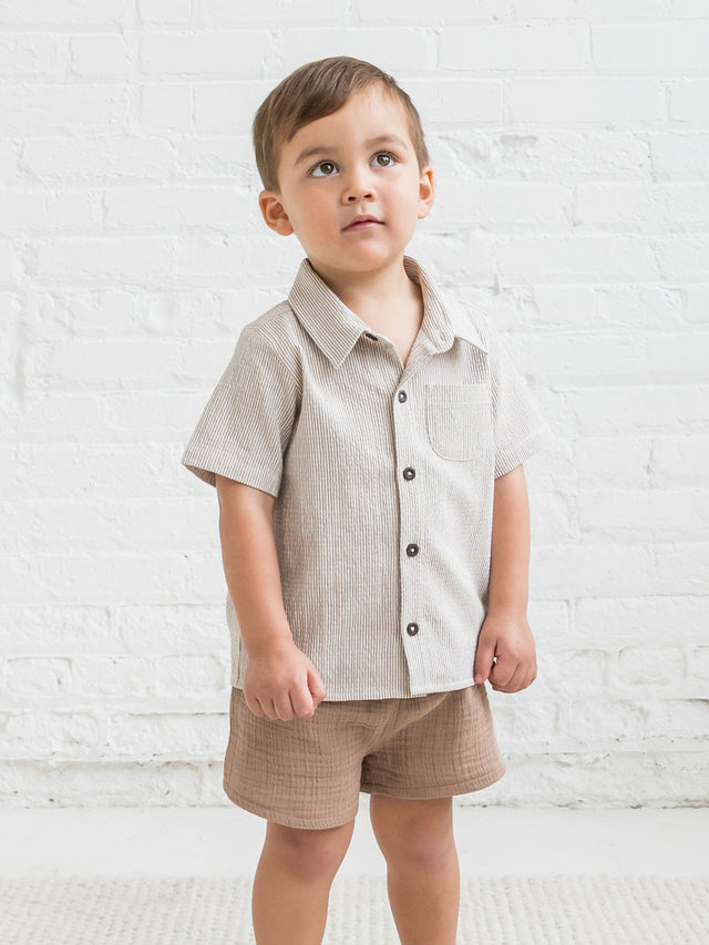 Landon Seersucker Collared Button Down Shirt Baby-Kids : Tops : Shirts : Short Sleeves Kendi Organic Cotton Baby and Kids Landon Seersucker Collared Button Down Shirt