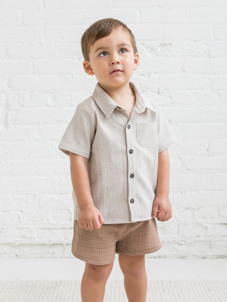 Landon Seersucker Collared Button Down Shirt Baby-Kids : Tops : Shirts : Short Sleeves Kendi Organic Cotton Baby and Kids Landon Seersucker Collared Button Down Shirt