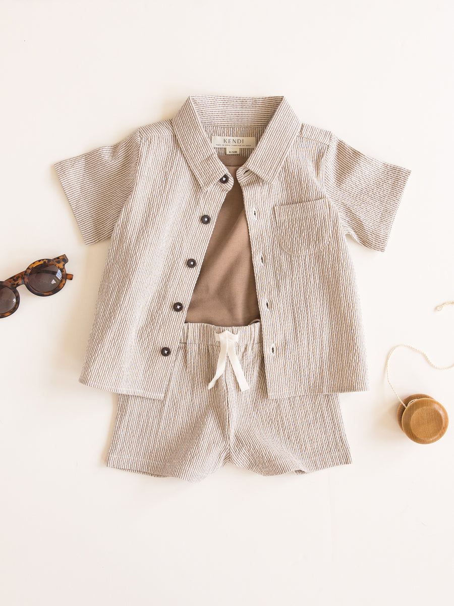 Landon Seersucker Collared Button Down Shirt Baby-Kids : Tops : Shirts : Short Sleeves Kendi Organic Cotton Baby and Kids Landon Seersucker Collared Button Down Shirt